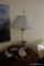 (BBR) LAMP AND OTHER ITEMS; BRASS AND GLASS TABLE LAMP WITH FAN SHAPED SHADE AND FINIAL ON TOP