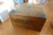 (REC) VINTAGE WOODEN BOX WITH METAL CROSS ON TOP; MEASURES 14 IN X 14 IN X 7 IN