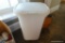 (BBAR) TALL WHITE LIDDED TRASH CAN; MADE BY RUBBERMAID, STANDS 24 IN TALL.