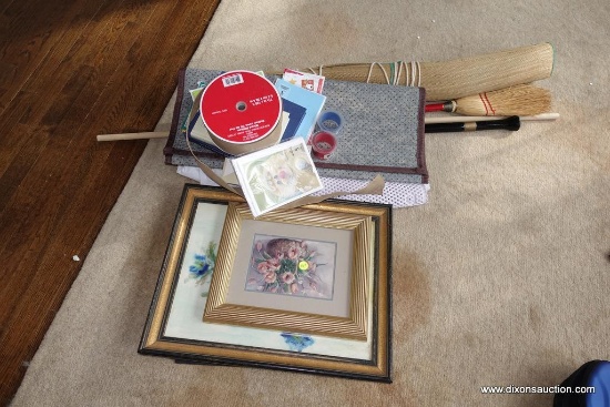 (MLR) ASSORTED ITEMS LOT; INCLUDES SEVERAL FRAMED PRINTS, SHORT HANDLED BROOM, ASSORTED PACKAGES OF