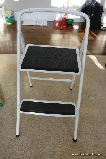 (MLR) WHITE/BLACK STEP STOOL; METAL WITH GRIPPING SURFACE ON STEPS, FOLDS FOR EASY STORAGE. STANDS