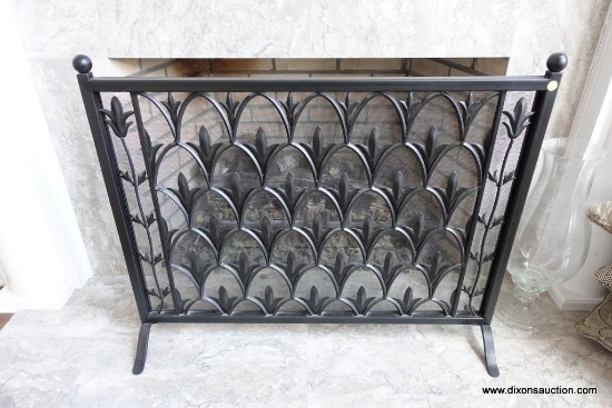 (MLR) FIREPLACE SCREEN; BLACK METAL FRAME WITH FLORAL/LEAF PATTERN. MEASURES