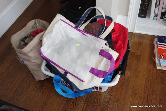 (MLR) ASSORTED TOTES AND TRAVEL BAGS; TOTAL OF OVER 20 VARIOUS DRAWSTRING, TOTE, CARRY-ON SIZE BAGS,