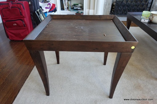 (MLR) END TABLE; MODERN CONTEMPORARY LOOK WITH DARK STAINED WOOD AND DRAMATIC LINES. MATCHES COFFEE