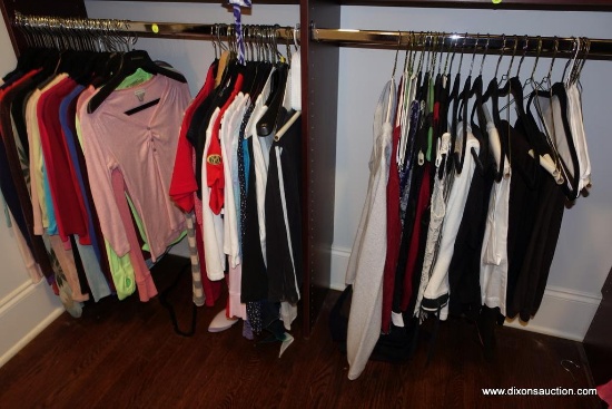 (CLO1) LADIES SHIRTS LOT; TOTAL OF 62 PIECES IN THIS LOT PLUS VELVET COVERED HANGERS. PREDOMINANTLY