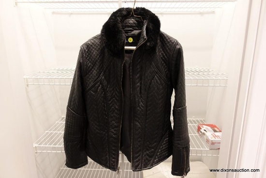 (CLO1) LEATHER JACKET; QUILTED BLACK LEATHER JACKET WITH DETACHABLE PLUSH FAUX FUR COLLAR. MADE BY