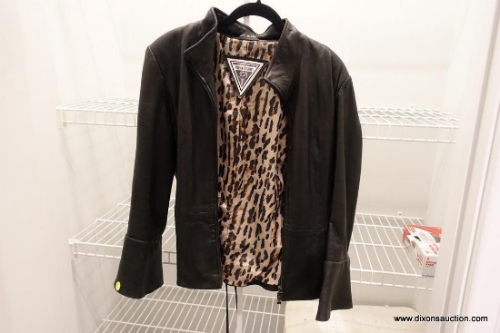 (CLO1) LEATHER JACKET; SOFT BLACK LEATHER JACKET, FULLY LINED (IN A FUN LEOPARD PRINT) WITH BELL