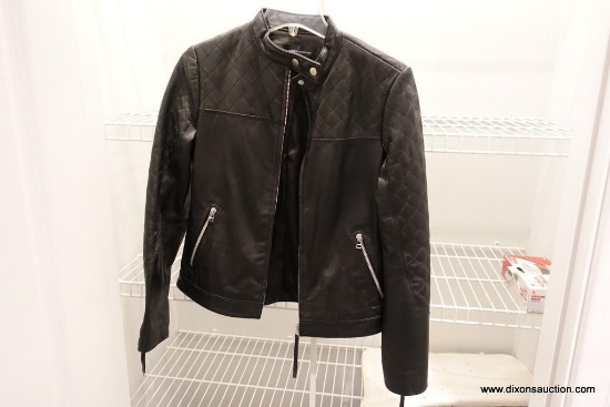 (CLO1) LEATHER JACKET; BLACK LEATHER BIKER STYLE JACKET WITH QUILTED STITCHING ON THE SHOULDERS AND