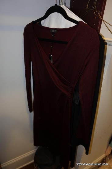 (CLO1) LONG SLEEVED KNEE-LENGTH DRESSES; FIRST IS A MAROON LONG SLEEVE WRAP-TOP DRESS MADE BY