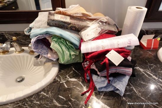 (MBA) MASTER BATH LOT; INCLUDES ASSORTED DELICATES AND SLEEPWEAR FOLDED ON COUNTER (ABOUT 15