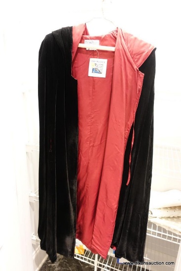 (CLO2) FORMAL VELVET CAPE; MADE BY THE PLANET, BLACK VELVET CAPE WITH MAROON LINING AND FRONT TIE