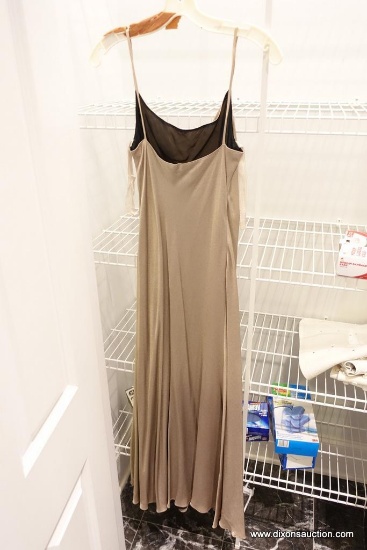 (CLO2) LADIES FORMAL EVENING GOWN; MADE BY KAMISATO, THIS IS A PLATINUM-BRONZE COLORED SPAGHETTI