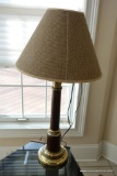 (TV) PAIR OF LAMPS; PAIR OF MAHOGANY AND BRASS LAMPS WITH BURLAP SHADES: 33 IN TALL
