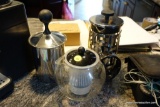 (KIT) TEA AND COFFEE LOVERS LOT; 3 TOTAL PIECES INCLUDING A BODUM GLASS TEAPOT WITH BUILT IN FILTER