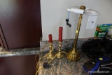 (BN) BRASS DESK LAMP AND CANDLESTICKS; PAIR OF BRASS VALSAN CANDLESTICKS WITH TURNED POSTS AND