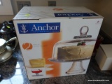 (BN) ANCHOR HOCKING 2 PIECE GLASS CAKE SET; IN ORIGINAL BOX AND LIKE NEW, FROM THE CANTON