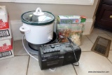 (BN) CROCK POT ETC LOT; INCLUDES WHITE/GREEN RIVAL CROCK POT WITH STONE INSERT AND LID, SEVERAL