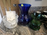 (BN) GLASS VASES LOT; LOT OF 3 TOTAL ITEMS INCLUDING CLEAR RUFFLED EDGE VASE, GREEN PEDESTAL GLASS