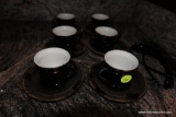 (BN) BLACK DEMITASSE CUPS AND SAUCER SET; SMALL ESPRESSO CUPS WITH MATCHING SAUCERS, BLACK WITH GOLD