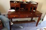 (BLUE) MAHOGANY 5 DRAWER HUTCH AND COMPUTER DESK COMBO; NEAT 3 DRAWER DESK WITH UPPER HUTCH-LIKE