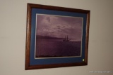 (BLUE) FRAMED PRINT; FRAMED AND DOUBLE MATTED PRINT OF A SHIP ON THE WATER IN OAK FRAME: 26.5 IN X