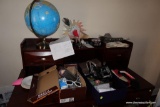 (BLUE) CONTENTS OF DESK; CONTENTS OF DESK: WIRELESS COMPUTER MICE, GLOBE ON STAND, SHOE BOX WITH