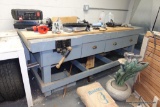 (GAR2) GRAY WORKBENCH; GRAY WORKBENCH WITH 4 DRAWERS AND A BUILT IN VISE: 87 IN X 31 IN X 33 IN