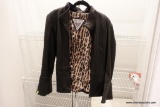 (CLO1) LEATHER JACKET; SOFT BLACK LEATHER JACKET, FULLY LINED (IN A FUN LEOPARD PRINT) WITH BELL