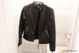 (CLO1) LEATHER JACKET; BLACK LEATHER BIKER STYLE JACKET WITH QUILTED STITCHING ON THE SHOULDERS AND