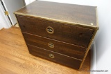 (BC2) CAMPAIGN CHEST; WOOD AND BRASS TRIM 3 DRAWER CAMPAIGN CHEST MEASURING 32.5 IN X 18 IN X 29.5