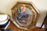 (BBR) ORNATE GOLD COLORED OCTAGON SHAPED MIRROR; WITH ROPED BORDER AND FLORAL MOLDED TRIM. MEASURES