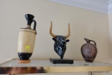 (BBR) HANDMADE GRECIAN ITEMS; 3 TOTAL PIECES, INCLUDES TALL SLENDER VASE, PITCHER, AND BULL STATUE.