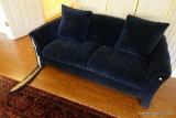 (BBR) BLUE VELVET LOVESEAT; MADE BY SELIG OF MONROE, STITCHED PANEL FLAT BACK WITH SLIGHT ARCH, 2