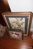 (BBR2) FRAMED FLORAL ART LOT; INCLUDES 3 FLORAL PAINTINGS (ALL SIGNED) AS WELL AS A NEEDLEPOINT