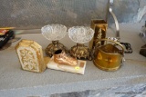 (REC) VINTAGE BRASS LOT; INCLUDES BOOKENDS, BRASS AND CUT GLASS CANDLE HOLDERS, SNUFFER, MATCHSTICK