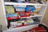 (REC) SHELF GAMES LOT; INCLUDES ITEMS FROM BOTTOM 2 BUILT IN SHELVES IN REC ROOM. APPROXIMATELY 30