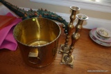 (REC) BRASS LOT; FIREPLACE DECOR ITEMS SUCH AS ENGRAVED KINDLING BUCKET AND PAIR OF TALL