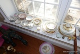 (REC) FLORAL PORCELAIN AND CHINA LOT; ASSORTED PLATES DISHES, SAUCERS, CRESCENT SHAPED TRAYS, AND