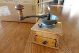 (REC) VTG COFFEE GRINDER; WORKING GRINDER WITH WOODEN HANDLE AND DOVETAILED WOODEN SINGLE-DRAWER BOX