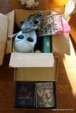 (REC) ASSORTED TOYS BOX LOT; INCLUDES BOX OF INFLATABLE ITEMS, MARVEL BOOK, RUBBER FACE MASK, AND