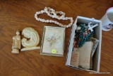 (REC) RELIGIOUS ITEMS LOT; SMALL BOX OF ROSARIES, WEDDING ITEMS, FIGURINES, ETC.