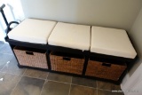 (MUD) MUD ROOM BENCH SEAT WITH STORAGE BINS; 3 CREAM COLORED SEAT CUSHIONS ON TOP WITH 3 CUBE SHAPED