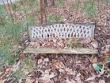 (OUT) OUTDOOR BENCH; WOODEN SLATTED SEAT WITH LATTICE PATTERNED BACK AND WROUGHT IRON LEGS. MEASURES