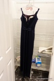 (CLO2) LADIES FORMAL EVENING GOWN; MADE BY JIM HJELM OCCASIONS, THIS IS A MIDNIGHT BLUE SATIN
