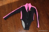 (MBR) LADIES LONG SLEEVE WETSUIT/BODYSUIT; PINK AND BLACK NEOPRENE WETSUIT, LADIES SIZE SMALL, MADE