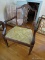 (BED 3) ANTIQUE 18TH C MAHOGANY ARM CHAIR- DOUBLE PEGGED ON LEGS, WHEAT CARVING ON SPLAT, REEDED