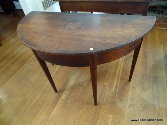 (LR) ONE OF A PAIR OF ANTIQUE 19TH CEN. HEPPLEWHITE INLAID MAHOGANY D-END TABLES- HERRINGBONE INLAY