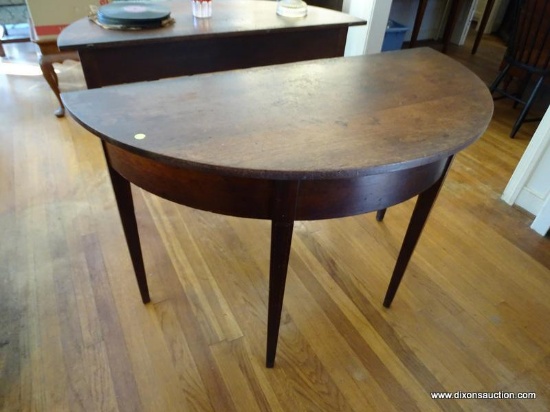 (LR) ONE OF A PAIR OF ANTIQUE 19TH CEN. HEPPLEWHITE INLAID MAHOGANY D-END TABLES- HERRINGBONE INLAY