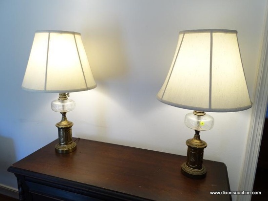 (LR) PR. OF GLASS AND BRASS LAMPS WITH SHADES AND FINIALS- 28"H