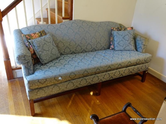 (LR) MAHOGANY HEPPLEWHITE CAMELBACK SOFA- REUPHOLSTERED IN A BLUE BROCADE FABRIC- VERY GOOD